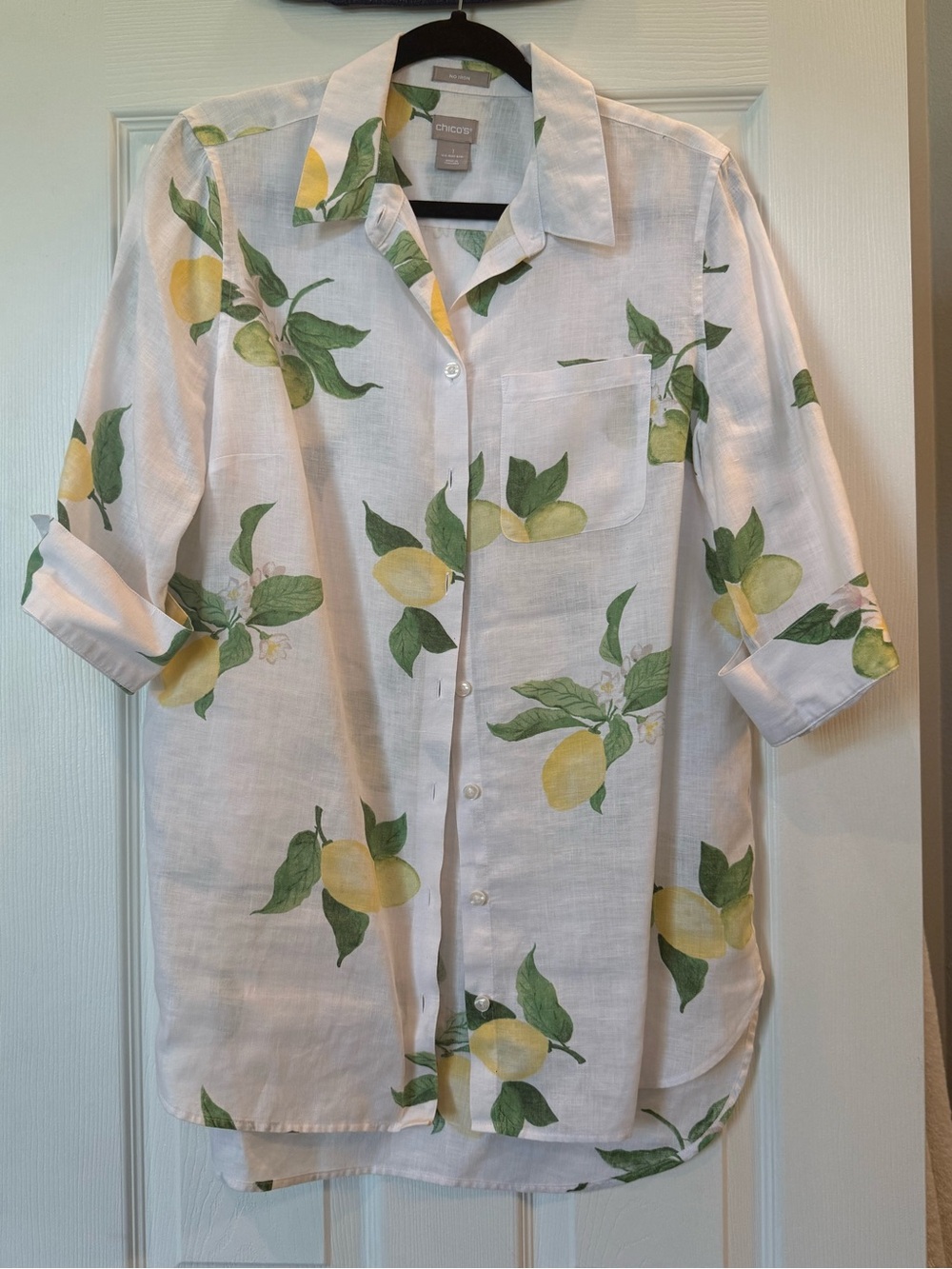 Chico's White Linen-Blend Lemon Print Button-Up Blouse